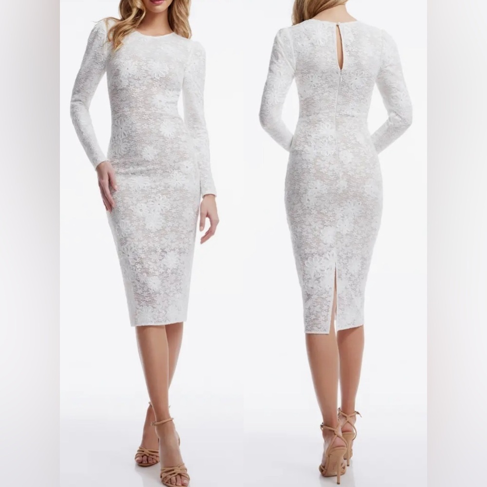 Nwt Dress The Population Sophia Long Sleeve White Lace Midi White Dress Xxs